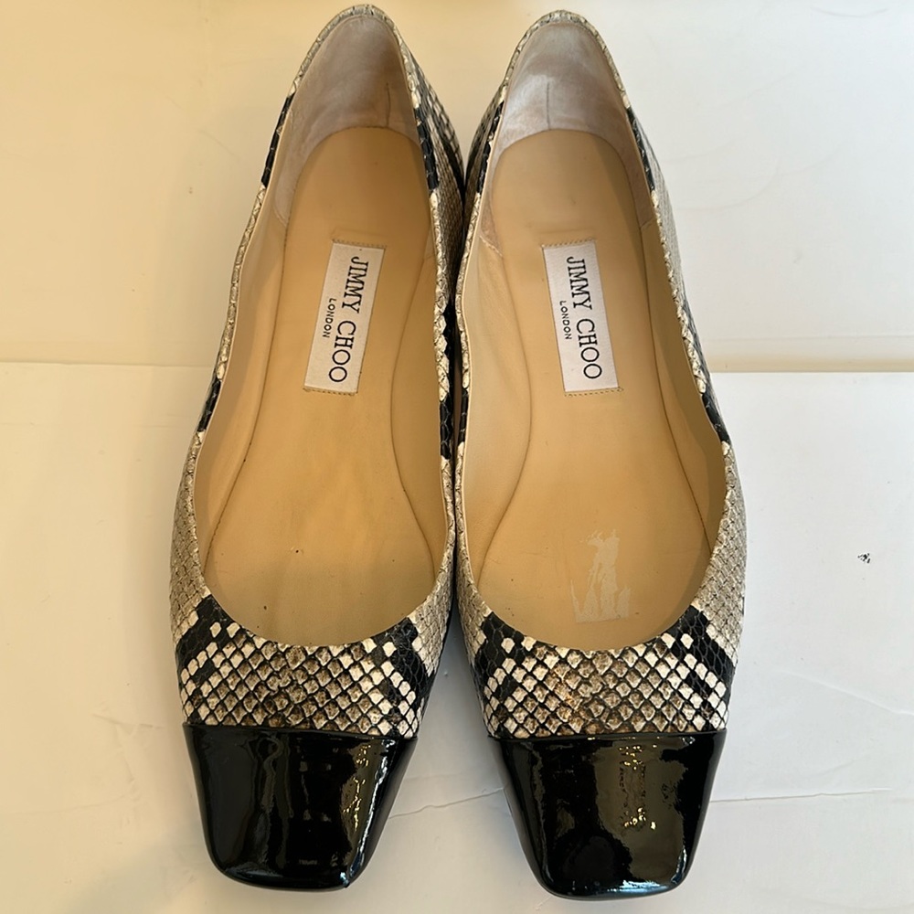 JIMMY CHOO Gloris flat black/natural snake print python embossed shoe - size 38